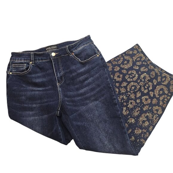Frank Lyman Womens Denim Jeans With Gold Leopard Print Design L/G - Picture 2 of 7